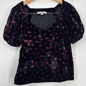 LOFT Black and Red Floral Velvet Blouse